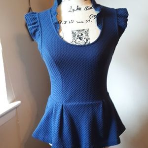 ANTHROPOLOGIE POSTMARK  BLUE SHORT RUFFLE TRIM PEPLUM TOP XS